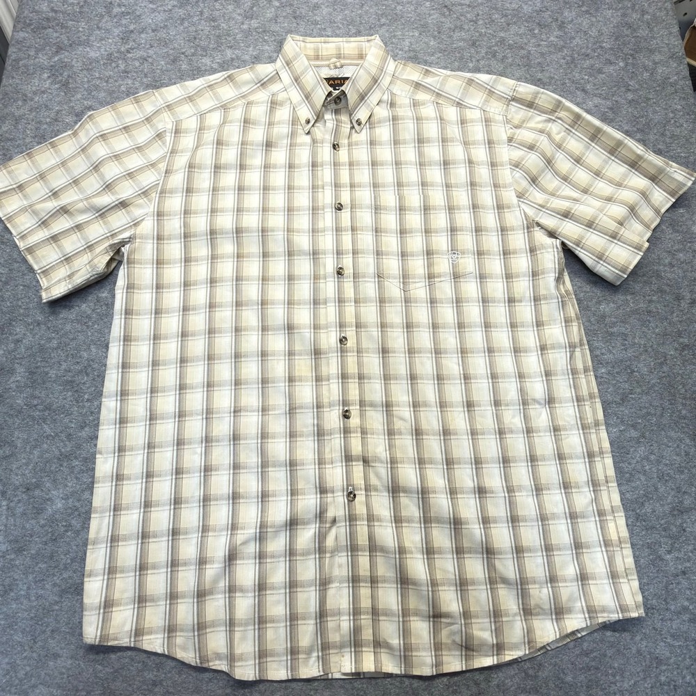 Ariat Pro Series Men XL Beige PlaidShort Sleeve Western Work Shirt